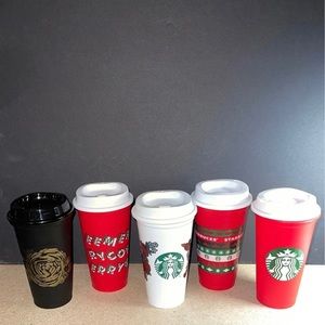 5 Starbucks plastic cups with lids some of them seasonal edition